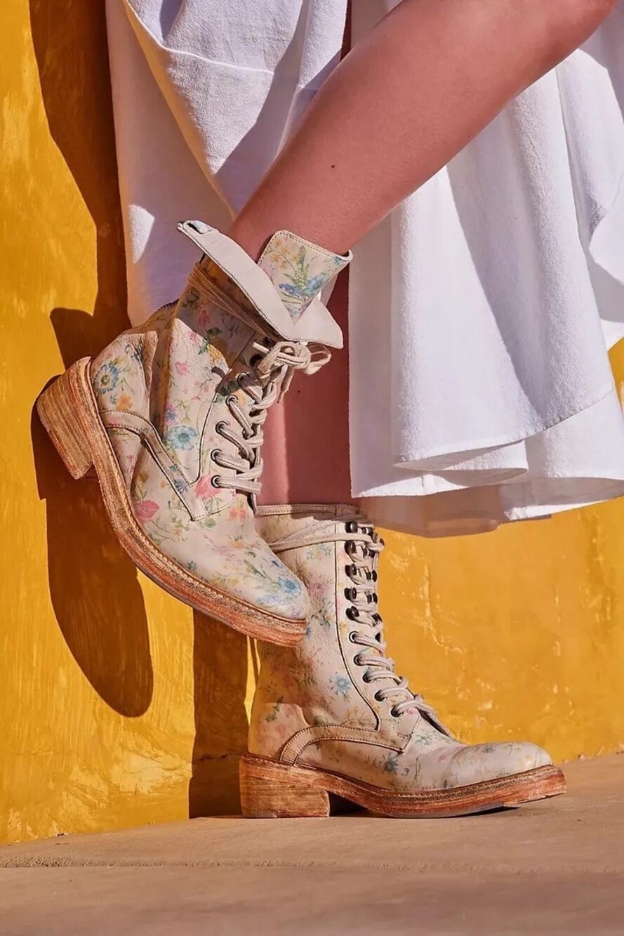 Free People Santa Fe Floral Lace-Up Combat Boots – Ivory Leather, Size 39
